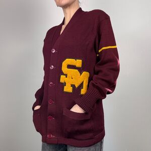 Vintage Varsity Letter Cardigan Burgundy Chenille Patch Button Front Sweater